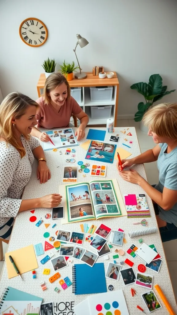 Three women enjoying a creative scrapbooking session at a table filled with colorful photos and art supplies.