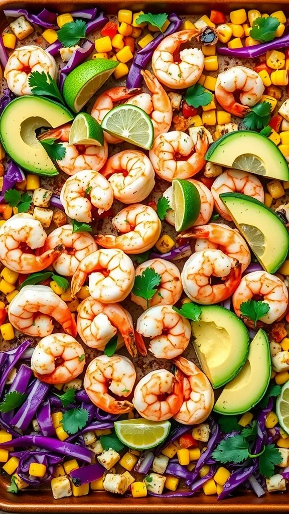 Colorful shrimp salad with avocado, lime, corn, purple cabbage, and cilantro on a tray.