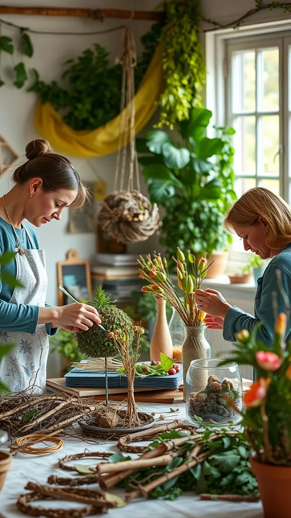 Two women creating floral arrangements in a bright, plant-filled workspace.