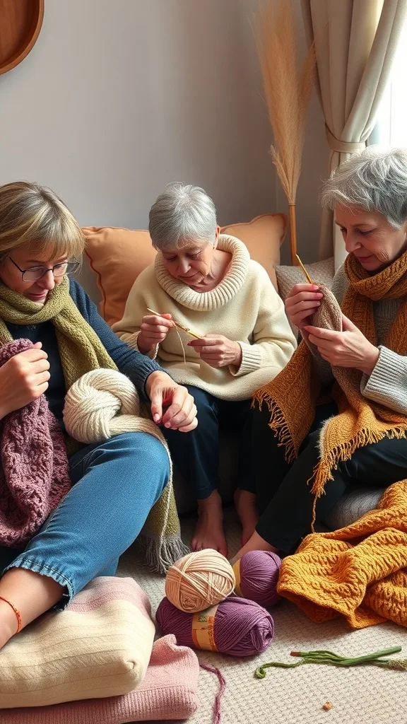 Three women knitting together with colorful yarn on the floor, creating cozy handmade crafts in a warm, inviting space.