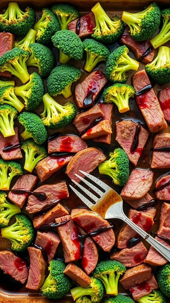 Roasted broccoli and cubed beef with sauce on a tray, garnished with a fork. Perfect for a healthy dinner.