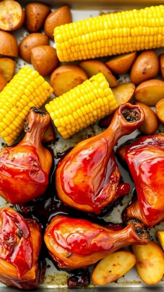 Roasted chicken drumsticks with barbecue sauce, corn on the cob, and potatoes on a baking tray.