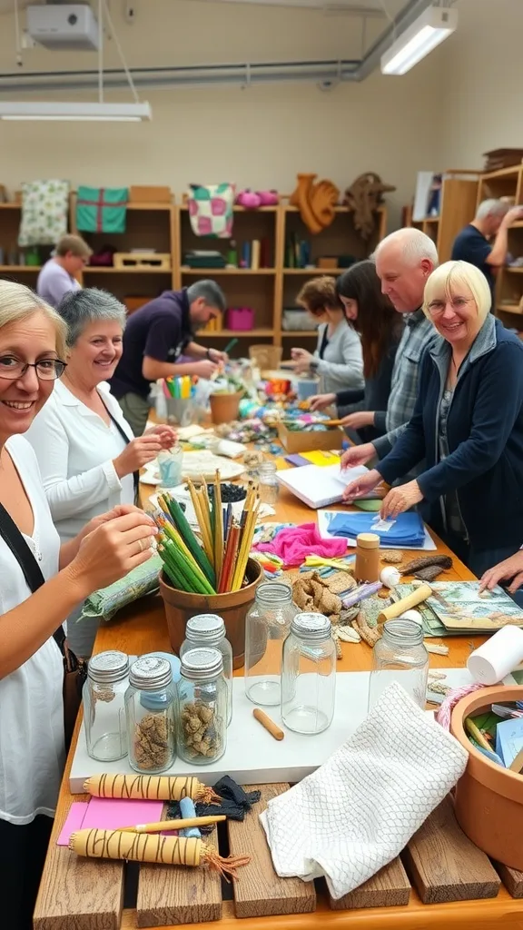 A group of people crafting and enjoying an art workshop with colorful supplies and jars on the table.