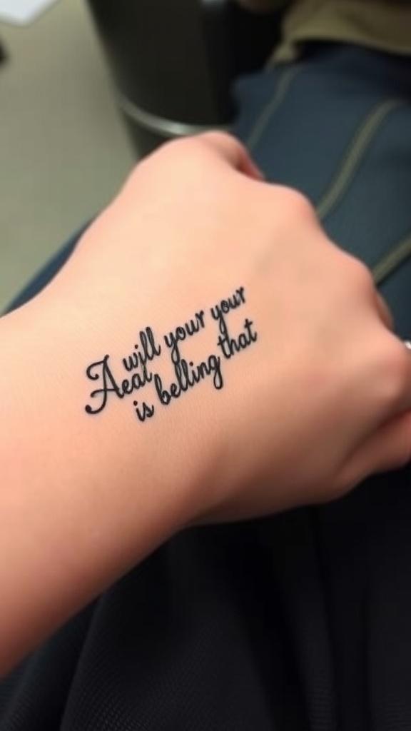 A close-up of a hand with a Gaelic phrase tattoo written in an elegant font.