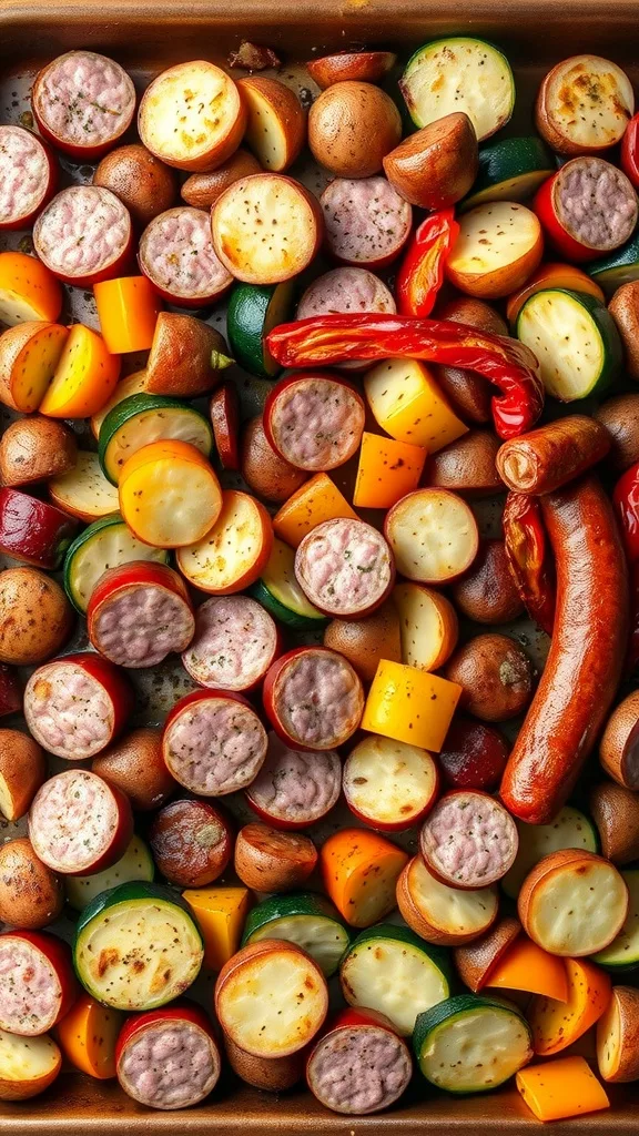 Hearty sausage and veggie bake with potatoes, bell peppers, and zucchini slices on a baking tray. Perfect for a cozy dinner.