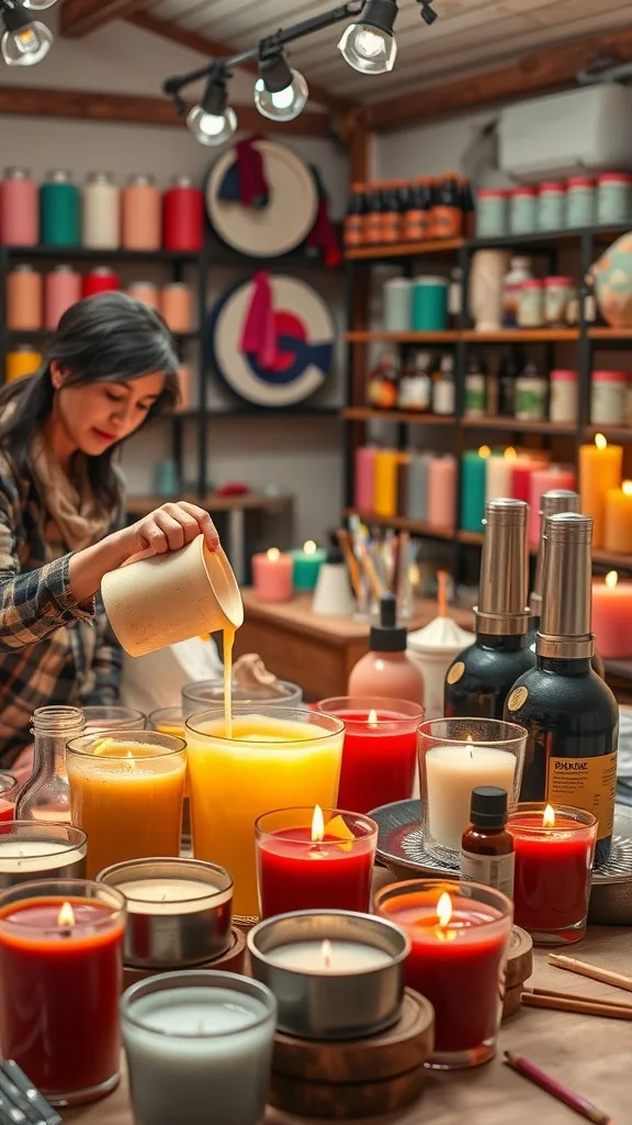 Person making candles in a workshop surrounded by colorful lit candles and crafting supplies.