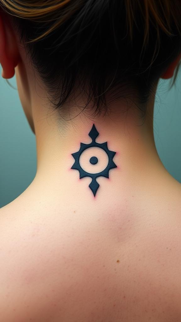 Druid symbol tattoo on the back of a person's neck.