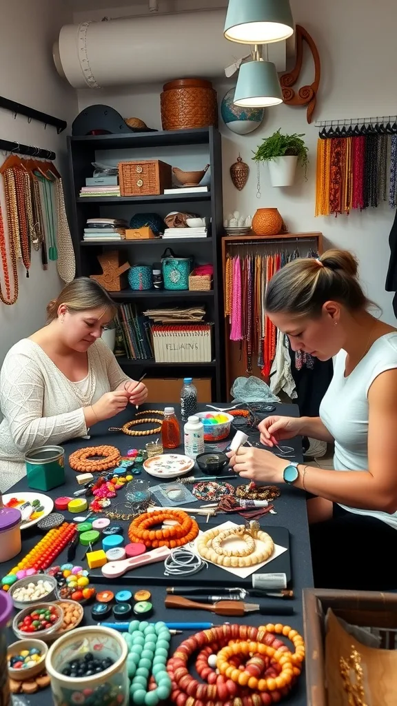 Two women crafting bead necklaces in a cozy workshop filled with colorful materials and tools.