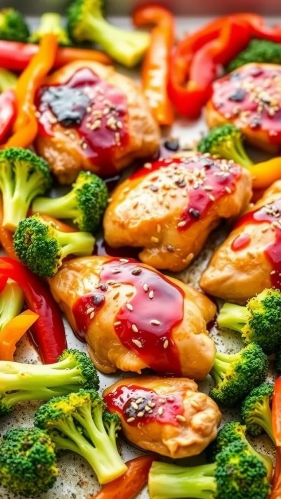 Chicken thighs glazed in sweet chili sauce with broccoli and bell peppers on a baking sheet.