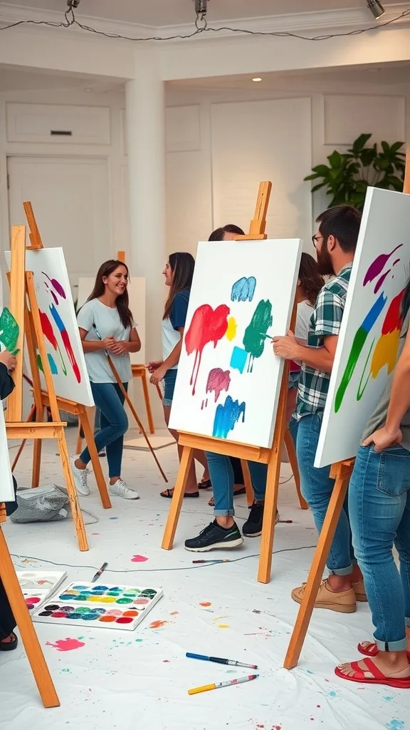 Group art class with paint and canvases, attendees in casual attire painting together in a bright studio setting.