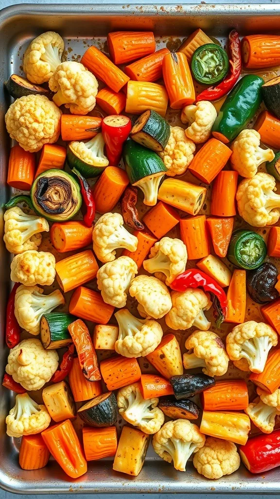 Colorful roasted vegetables including carrots, cauliflower, and zucchini on a baking tray. Healthy and vibrant meal.