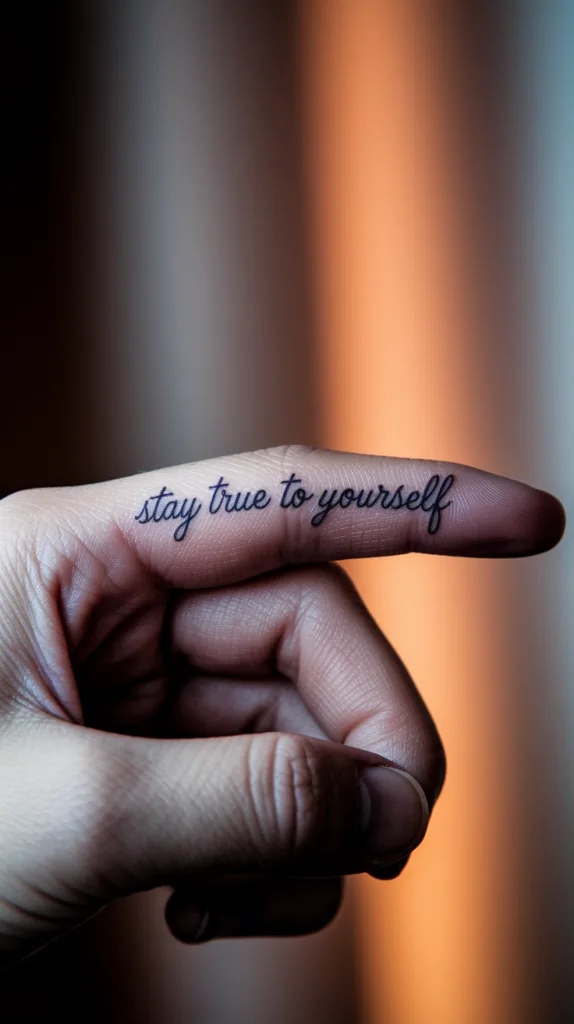 Close-up of a finger tattoo with the words stay true to yourself in black script on a blurred background.