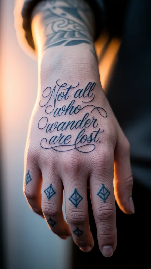 Tattooed hand with Not all who wander are lost quote, elegant script, morning light.