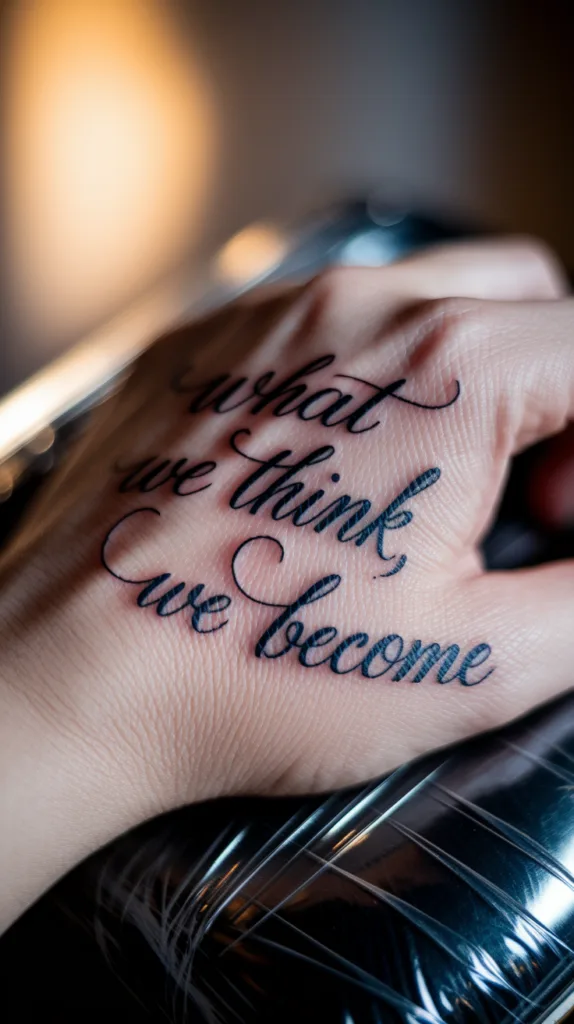 Hand tattoo with motivational quote: what we think, we become in elegant script font.