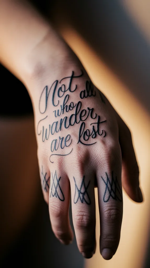 Tattooed hand with Not all who wander are lost quote, intricate design on fingers.