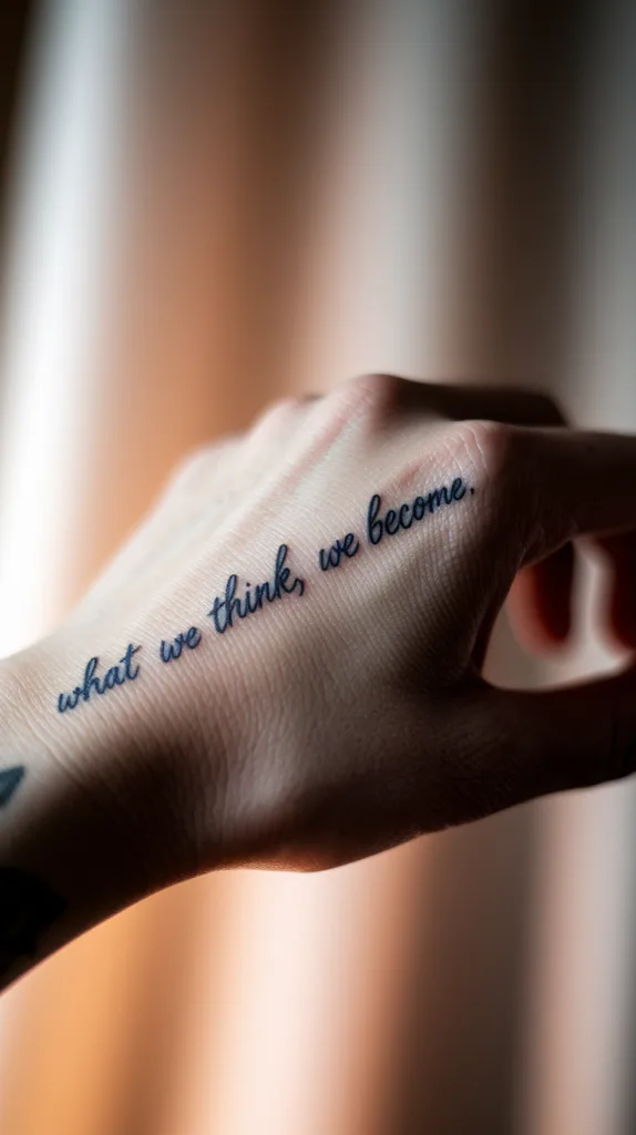 Hand tattoo with motivational quote What we think, we become on blurred background. Inspirational tattoo art.