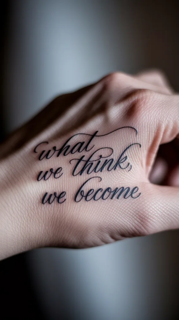 Inspirational tattoo on a hand reading what we think we become in elegant script.