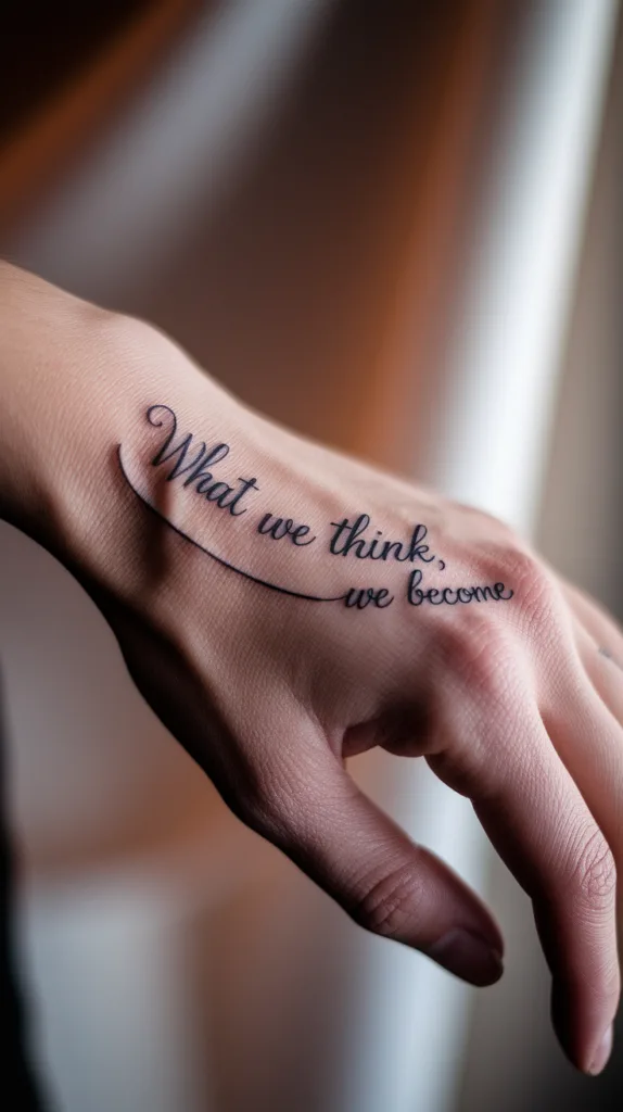 Inspirational hand tattoo with quote What we think, we become, emphasizing personal growth and empowerment.