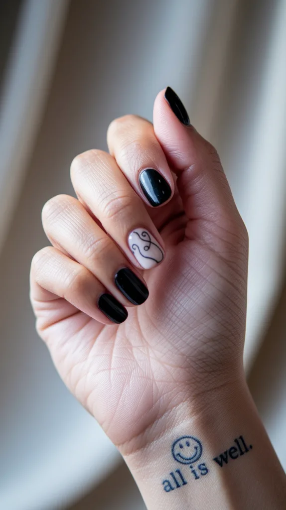 Hand with black and white manicure, intricate nail art, and all is well tattoo on the wrist.