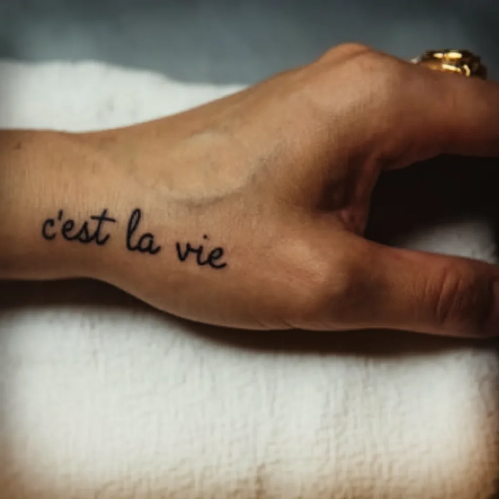 Close-up of a hand tattoo with c'est la vie script on a wrist, symbolizing life philosophy and personal expression.