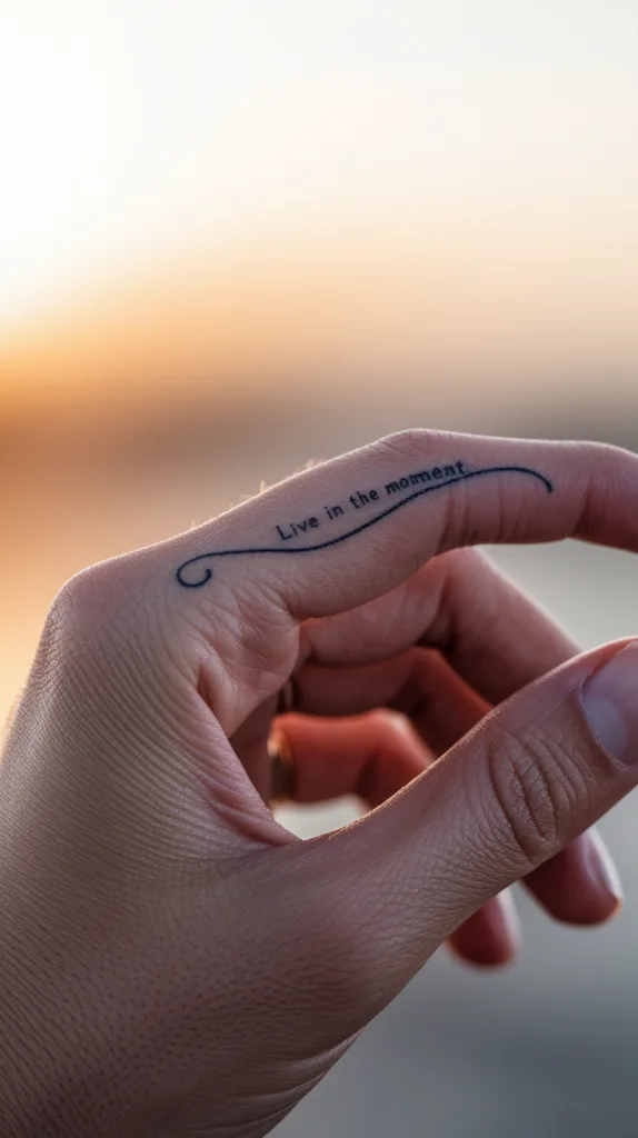 Close-up of a hand with Live in the moment tattoo on finger, against a sunset background. Inspirational tattoo art.