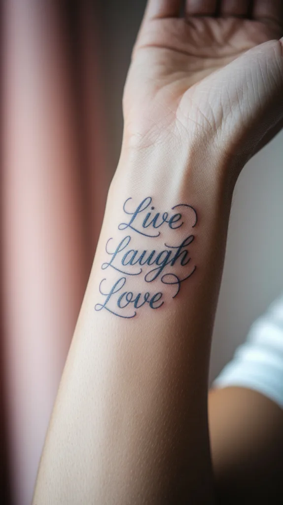 Tattoo of Live Laugh Love on inner forearm in elegant script, close-up.