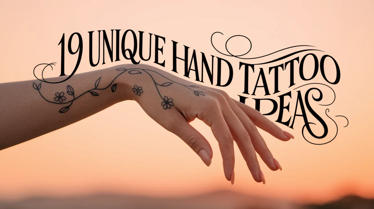 Hand with floral tattoo design against sunset, text: 19 Unique Hand Tattoo Ideas.