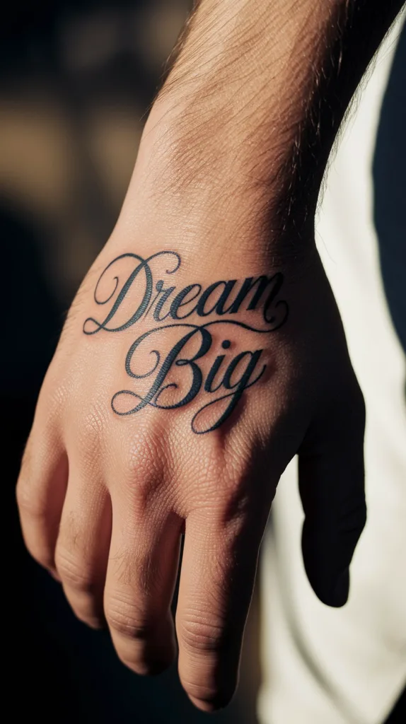 Hand with Dream Big tattoo in cursive font, symbolizing aspiration and motivation.